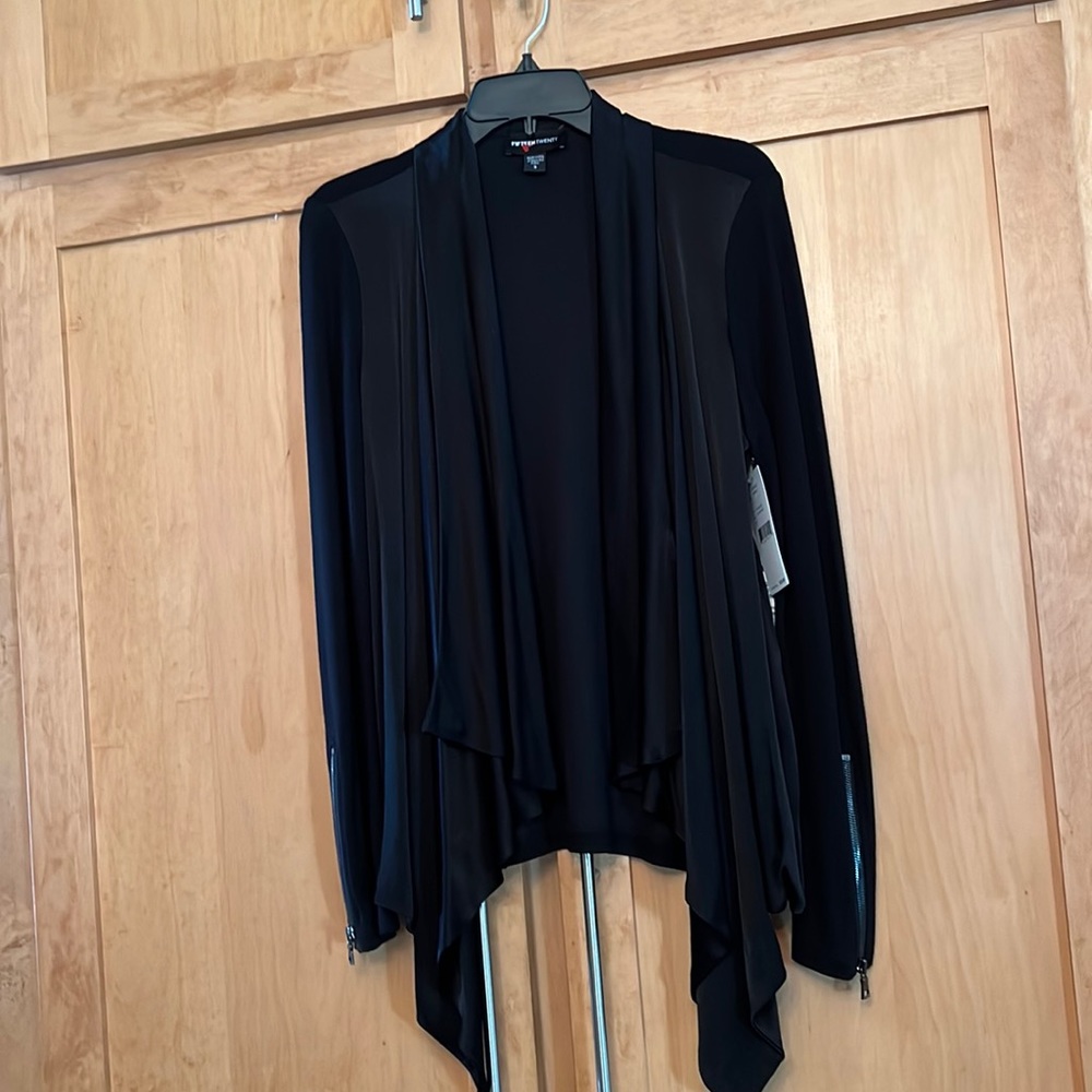 Karen Kane line Fifteen Twenty Vintage (2016) black satin drape collar jacket.